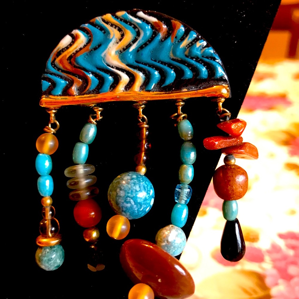 ENAMEL AND BEADED TRIBAL BROOCH
